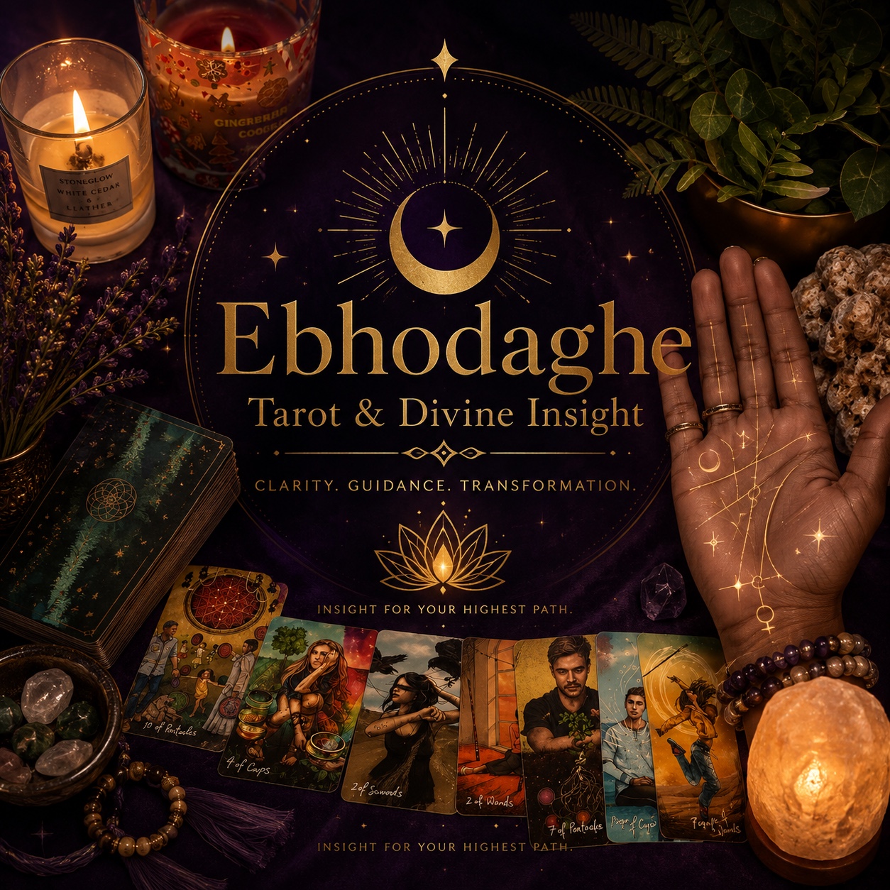 Ebhodaghe Tarot & Divine Insight — tarot cards, crystals, candlelight, and spiritual altar